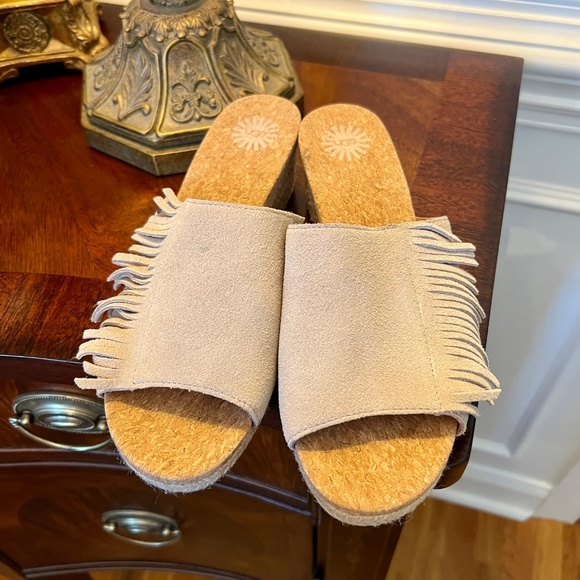NWOB Women's UGG Danes Suede Fringe Wedge Sandals Shoes Tan Size US Size 8 - Picture 3 of 6